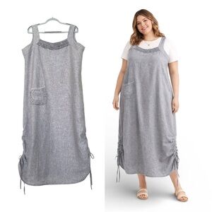 Blu No. 9 Linen Maxi Dress XL Lagenlook Cinch Hem Rushed Grey Pocket Minimalist